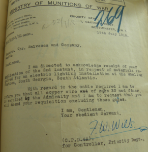 Letter from the Ministry of Munitions of War, to Christian Salvesen & Co., dated 19 July 1918, about Admiralty expropriation of copper wire of gauge 20 and finer. Salvesen Archive. Coll-36 (1st tranche, Letter book, A77).
