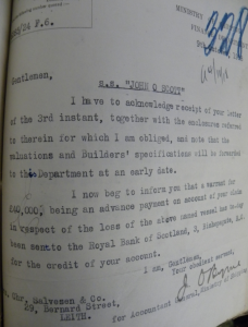 Letter from the Ministry of Shipping to Christian Salvesen & Co., dated 4 November 1918, about the firm's claim for the loss of the vessel 'John O. Scott' through enemy action. Salvesen Archive. Coll-36 (1st tranche, Letter book, A77).