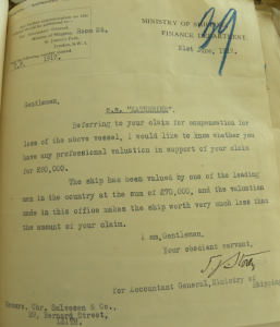 Letter from the Ministry of Shipping to Christian Salvesen & Co., dated 21 June 1917, about the firm's claim for the loss of the vessel 'Katherine' through enemy action. Salvesen Archive. Coll-36 (1st tranche, Letter book, A77).