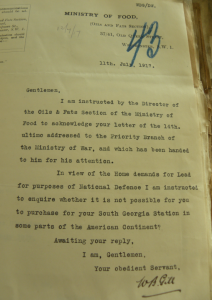 Letter from the Ministry of Food, Oils and Fats Section, to Christian Salvesen & Co., dated 11 July 1917, about lead and the possibility of obtaining the resource from the Americas. Salvesen Archive. Coll-36 (1st tranche, Letter book, A77).