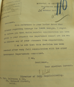 Letter from the Ministry of Shipping, to Christian Salvesen & Co., dated 26 October 1917, about a request for the release of vessels from requisition. Salvesen Archive. Coll-36 (1st tranche, Letter book, A77).