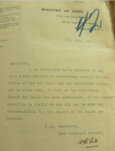 Letter from the Ministry of Food, Oils and Fats Section, to Christian Salvesen & Co., dated 9 July 1917, about the export of tanks. Salvesen Archive. Coll-36 (1st tranche, Letter book, A77).