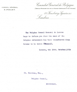 Letter from the Belgian Embassy in London to Sarolea at the Belgian Consulate in Edinburgh indicating the removal of the Belgian government to Le Havre, France. From a file entitled 'Belgian Consular Correspondence, 1915-1919', in Sarolea Collection 73, Coll-15.