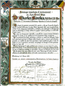 Scroll presented to Charles Sarolea by grateful Belgians. Sarolea Collection 222, Coll-15.