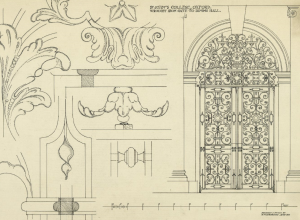 The wrought-iron gates to dining hall at St. John's College, Oxford, drawn by George McDonald Sutherland in 1910. Coll-1319.