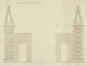 Caroline Park gates, Granton, Edinburgh, drawn by George McDonald Sutherland. Coll-1319.