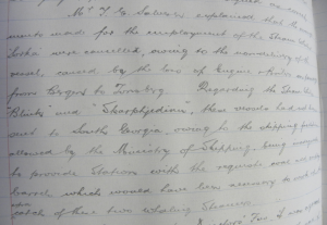 Extract from the Minutes of a Meeting of Directors (South Georgia Co. Ltd) held Thursday 26 July 1917 in Leith, and during which hiring of additional steam-powered whale-catchers was discussed. Coll-36 (3rd tranche, Minute Book, South Georgia Co. Ltd).