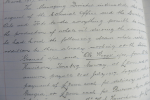 Extract from the Minutes of a Meeting of Directors (South Georgia Co. Ltd) held Friday 21 June 1918 in Leith, and during which failure to hire additional steam-powered whale-catchers was discussed. Coll-36 (3rd tranche, Minute Book, South Georgia Co. Ltd).