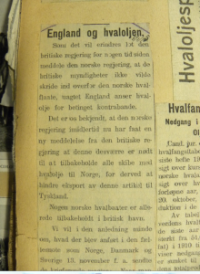 Article, 'England og hvaloljen', dated 5 January 1915, from Norwegian title (unknown) reporting change in British policy towards Norwegian ships and cargoes. Salvesen Archive. Coll-36 (1st tranche, News-cutting Album, H27).