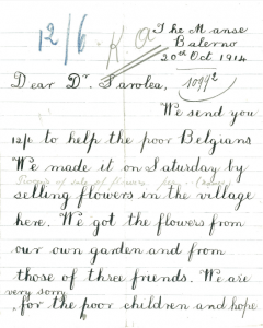 letter from a child in Balerno, 1914. In packet/envelope 'Letters from children for possible publication' in the file 'Everyman Belgian Relief Fund, 1914-1916'. Sarolea Collection 77, Coll-15.