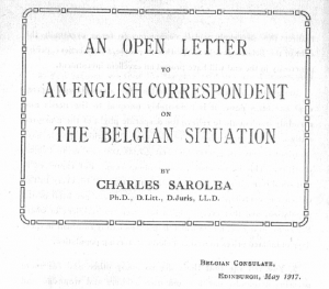 Sarolea defended charitable giving to Belgians in 'open letter' written in May 1917. From the file 'Belgian Consular Correspondence, 1915-1919'. Sarolea Collection 76, Coll-15.