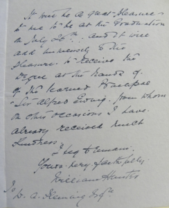 Letter from William Hunter acknowledging the award of Hon. LLD. to be conferred on him by Edinburgh University. EUA INI/ADS/STA/15 1914-1930. Acceptances of Honorary Degrees