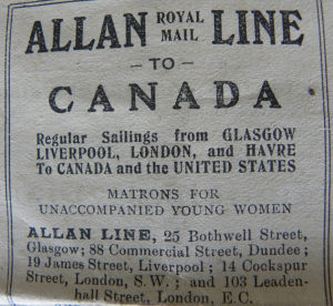 Advertisement for passages to North America, in the 'Hawick Express & Advertiser and Roxburghshire Gazette' on p.1. (Sarolea Collection 80, Coll-).
