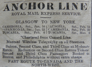 Advertisement for passages to North America, in the 'Hawick Express & Advertiser and Roxburghshire Gazette' on p.1. (Sarolea Collection 80, Coll-).