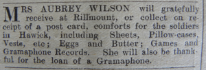Advertisement calling for items for serving soldiers, in the 'Hawick Express & Advertiser and Roxburghshire Gazette' on p.2. (Sarolea Collection 80, Coll-).