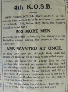 Call for men for the 4th K.O.S.B., reported in the 'Hawick Express & Advertiser and Roxburghshire Gazette' on p.2.