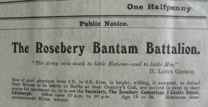 Advertisement for a battalion sponsored by the Earl of Rosebery, printed in the 'Hawick Express & Advertiser and Roxburghshire Gazette' on p.1.