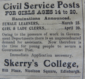 Advertisement for secretarial posts and examinations for them, in the 'Hawick Express & Advertiser and Roxburghshire Gazette' on p.3. (Sarolea Collection 80, Coll-).