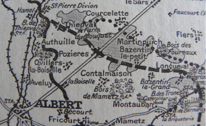 Sketch map in Buchan;s book showing the changing position of the German front just beyond the town of Albert on the Somme.