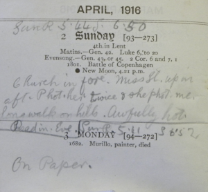Campbell aged 13 in April 1916 had written extensive notes about the Zeppelin attack on a separate piece of paper inserted into his diary, noting that his description was 'On paper' (Coll-221).