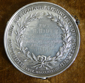 Reverse, silver medal, Highland and Agricultural Society of Scotland, To J.R.Rider, for Senior Anatomy, 1914, Royal (Dick) Veterinary College, Edinburgh, Inst. MDCCLXXXIV