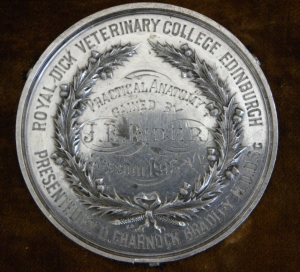 Reverse of silver medal, Session 1913-1914, Royal (Dick) Veterinary College, Edinburgh, Presented by O. Charnock Bradley M.D., D.Sc., Practical Anatomy, Gained by J.R.Rider, Session 1913-14
