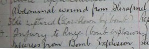 Section from the Royal Infirmary of Edinburgh General Register of Patients (LHB1/126/61) showing how bomb injuries were described.