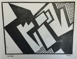One of the signatories to the Vorticist manifesto was Jessica Dismorr (1885-1939). Her illustrations show a sharing of the involvement with the dynamism of the machine-age city. In 'Blast', issue 2, July 1915, in the A. H. Campbell Collection.