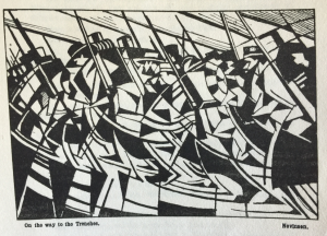 'On the way to the trenches' by Nevinson, in 'Blast' issue 2, July 1915, in the A. H. Campbell Collection.