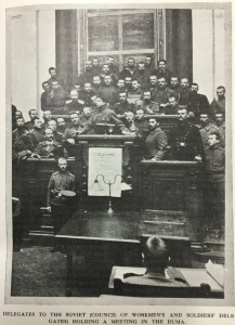 Illustration showing 'Delegates to the Soviet (Council of Workmen's and Soldiers' Delegates) holding a meeting in the Duma', in Part 169, Volume 13, p.457.