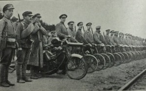 A Russian motor-cycle battalion. In 1914 the Russian Army was the largest army in the world but poor roads and railways made the effective deployment of soldiers difficult, illustration in Part 97, Volume 8, p.204.