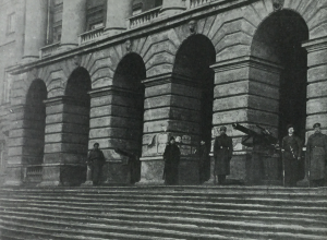 Illustration showing 'The Smolny Institute, Petrograd, Headquarters of the Bolshevists and guarded by Red Guards and Militia-Police', in Part 180, Volume 14, p.387.