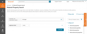 Screenshot from Knovel website taken to illustrate Material Property Search