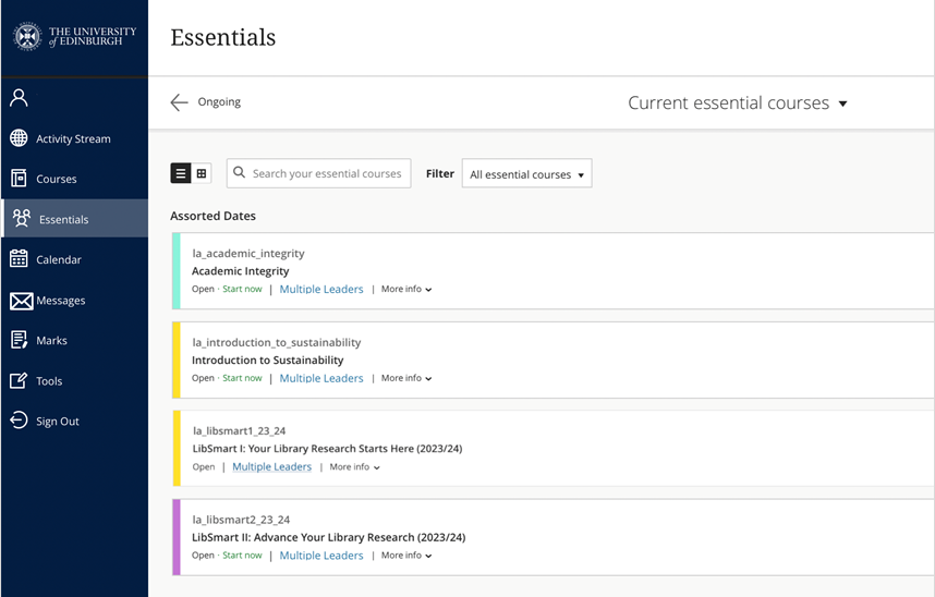 Screenshot of Learn Ultra platform, displaying the Essentials tab where LibSmart can be found
