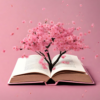 A blossom tree growing from the open pages of a book.