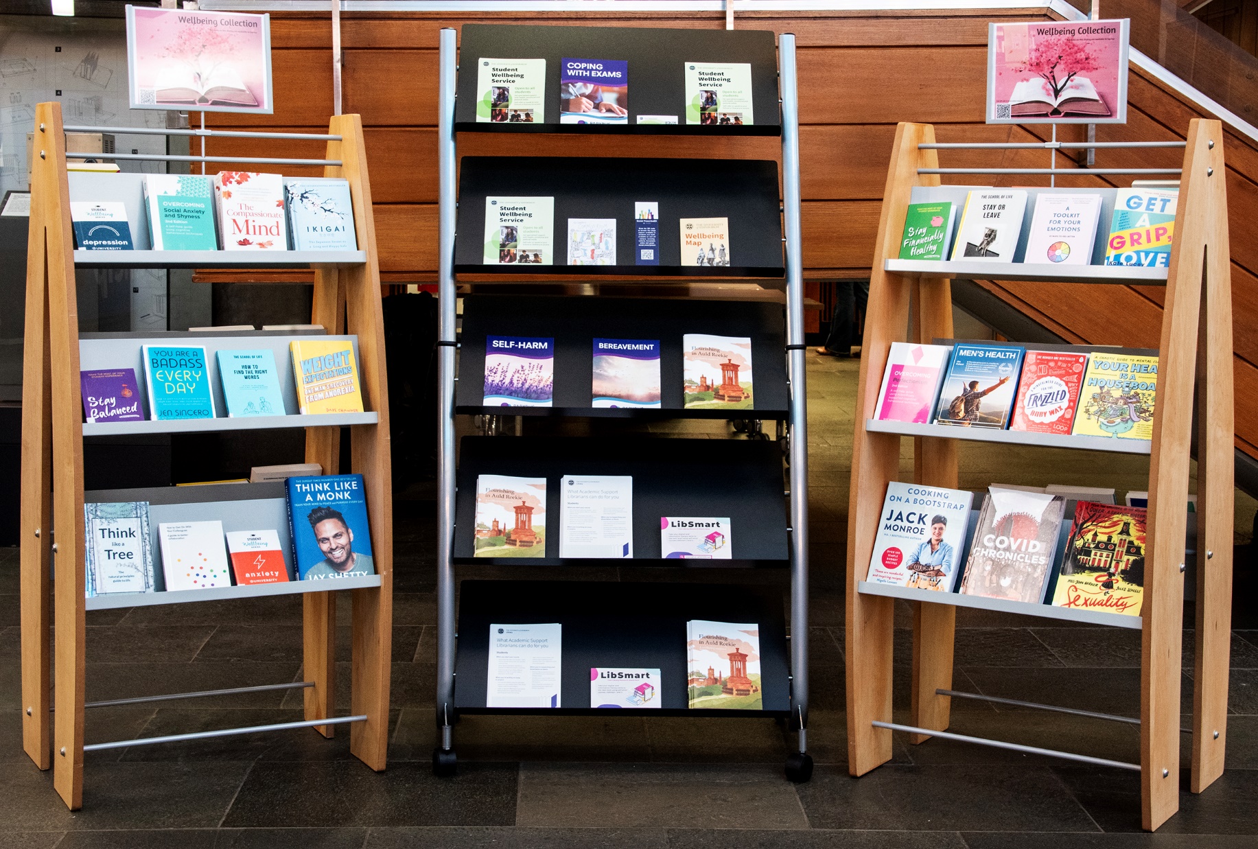 Wellbeing Collection books on display in the Main Library