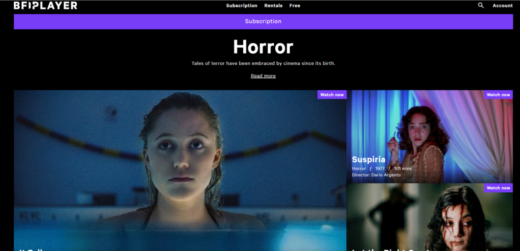 Screenshot of BFI Player horror film page showing three movie stills: a woman in a pool with a solemn expression, a frightened woman in front of colorful curtains (Suspiria, 1977), and a bloodied woman with a blurred figure in the background. Each has a purple "Watch now" label.