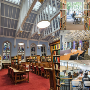A collage showing different library interiors: a large historic reading room with stained glass windows and wooden desks; a modern library aisle with bookshelves and a person working at a desk by a window; a quiet study area with tables and chairs; and a group study space with students working together.
