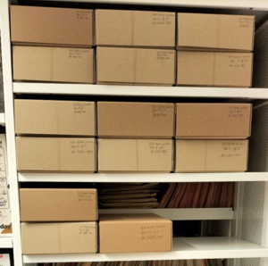 Colour photograph of white metal shelves, three in total. On the top two are six cardboard boxes, three columns of two. The third shelve has three boxes, two on top of eachother then one in the centre.