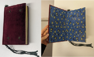 Two images are side by side. The first is of a closed book which is covered in pink velvet fabric. The second image is the same book open revealing the decorated paper end pages. 