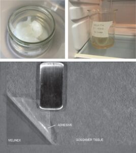 Top left: A glass jar with a white adhesive substance in it. Top right: A beaker with gelatine liquid in it. Bottom: A close-up of a piece of melinex, tissue paper and a metal tool. 