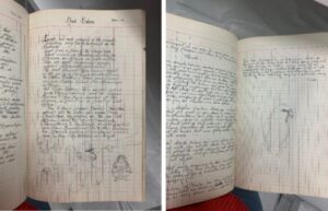 Two images of two different pages of a cream ruled notebook with writing on it and illustrations of Baboons and tropical birds. 