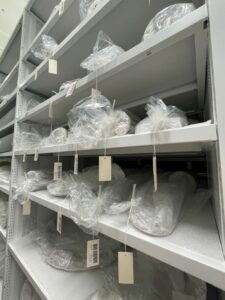 White metal shelves in a storage facility with musical instruments wrapped in tissue and inside plastic bags. Tha bags are closed with labes showing barcodes