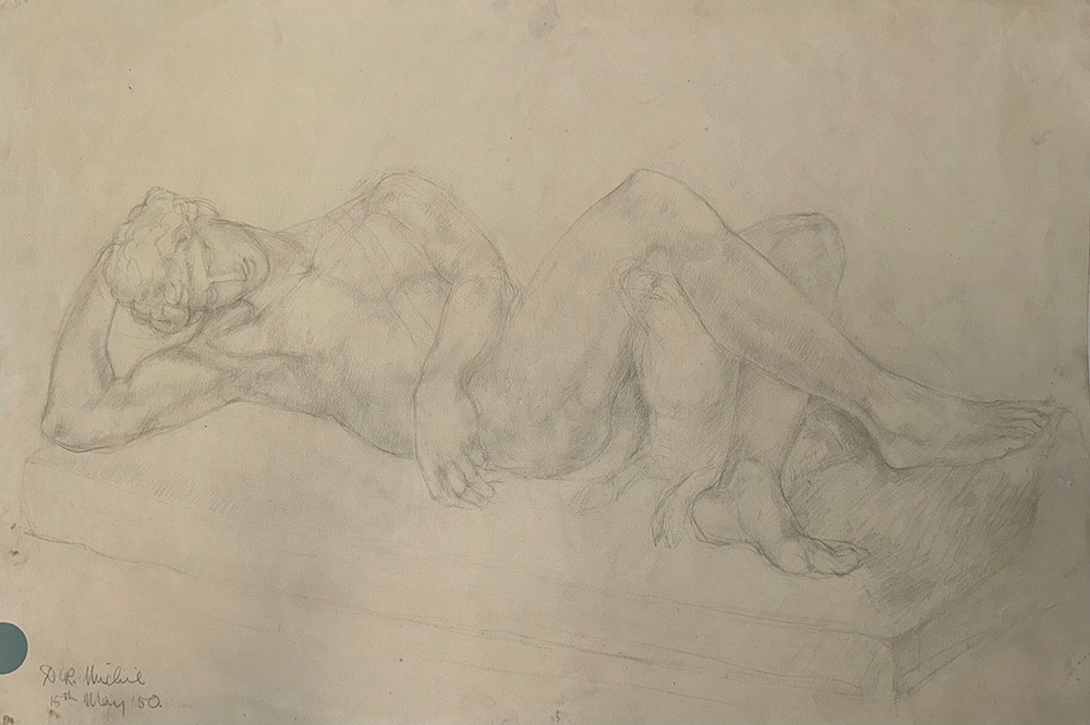 Pencil drawing of plaster cast replica of the Dying Adonis sculpture.