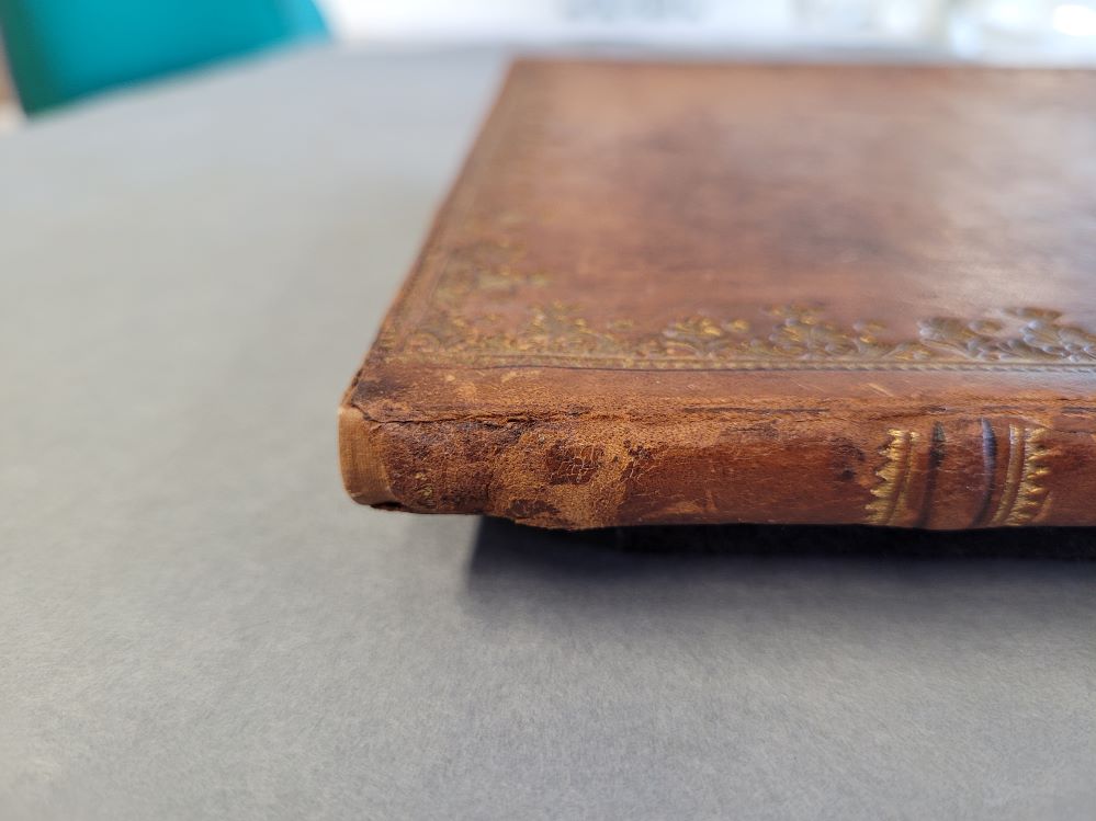 A close-up of the spine of a brown leather book. The end of spine is made from brown paper rather than leather. 