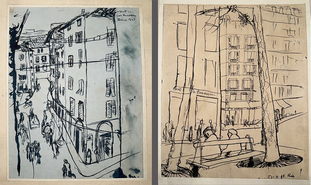 Two pen and ink sketches side by side of street scenes by Marjorie Wallace. On the left a sketch on blue paper of an aerial view of a narrow street with tall buildings on either side in Florence, Italy. Figures walk on the street below and washing lines have been strung between the buildings on either side. On the right, a sketch of a street in Paris. A couple sit with their backs to the viewer on a bench under a tree, facing shops along the street. Other figures walk along the street in the background.