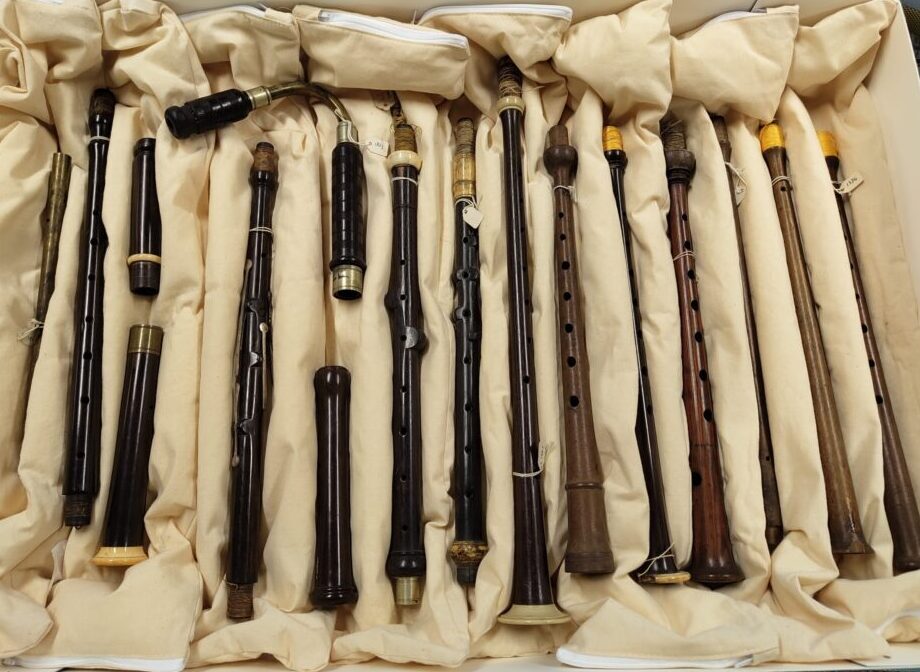 Cardboard box, lined with fabric cushions. Inside there are 12 different chanters (or bagpipe parts) organised parallel to each other. The parts are made of dark wood with ivory or bone ferrules. 