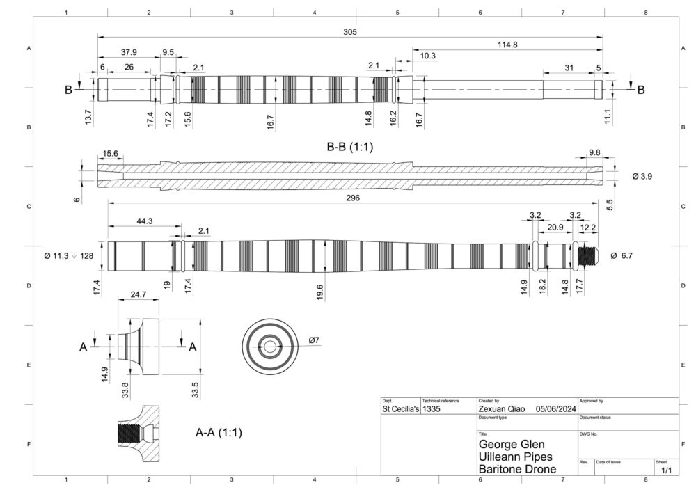 Black and white technical drawing of de drone of a union pipe. It includes several different views of the same part with detailed measurements.