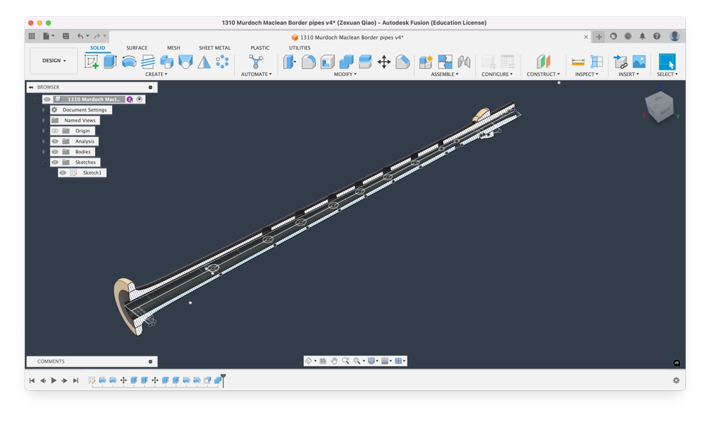 A screen-shot of a software program shows a model of a bagpipe chanter sectioned longitudoinally by the centre. This view features the outline of the chanter and the diameter of the fingerholes as well as the conical shape of the chanter's bore