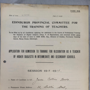 Photograph of discoloured paper form for the Edinburgh Provincial Committee for the Training of Teachers from 1915. The top border is now clean showing a clear of the cleaning process.
